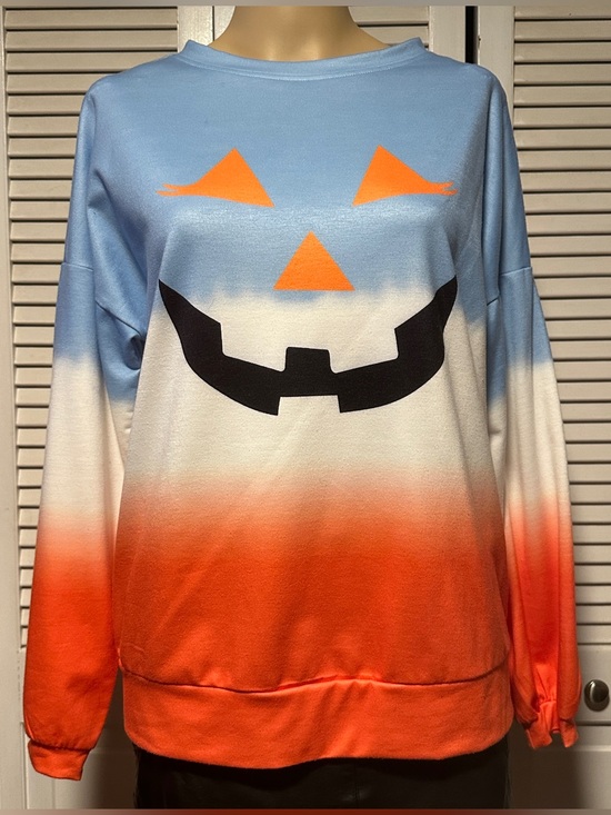 Tops - Halloween Jack-O-Lantern Long Sleeved Shirt Orange Blue Unisex Small